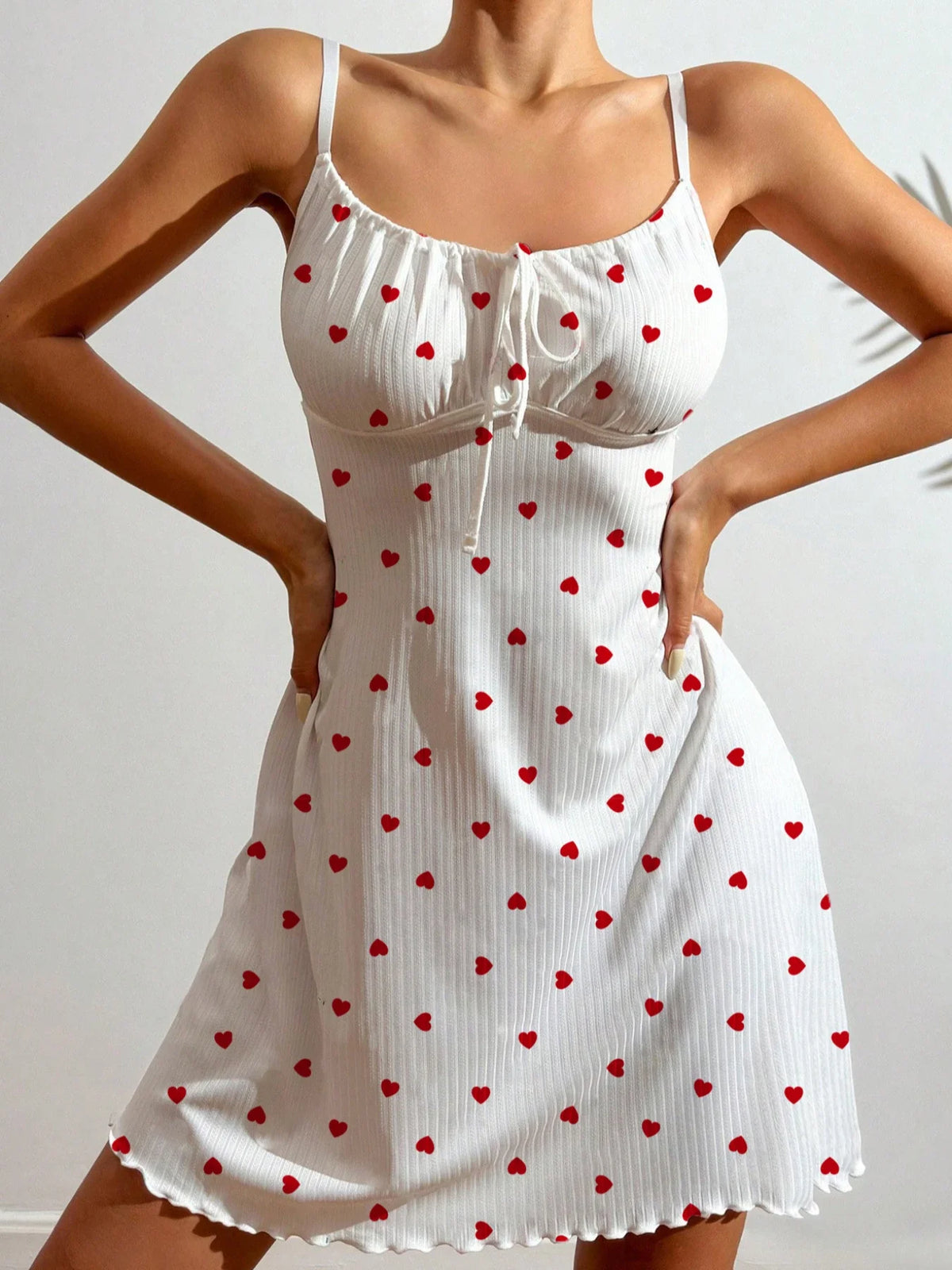 Women’s Heart Print Nightdress Sexy Spaghetti Strap Pajama Dress Sleeveless Lace-Up Cute Slim Fit Sleepwear