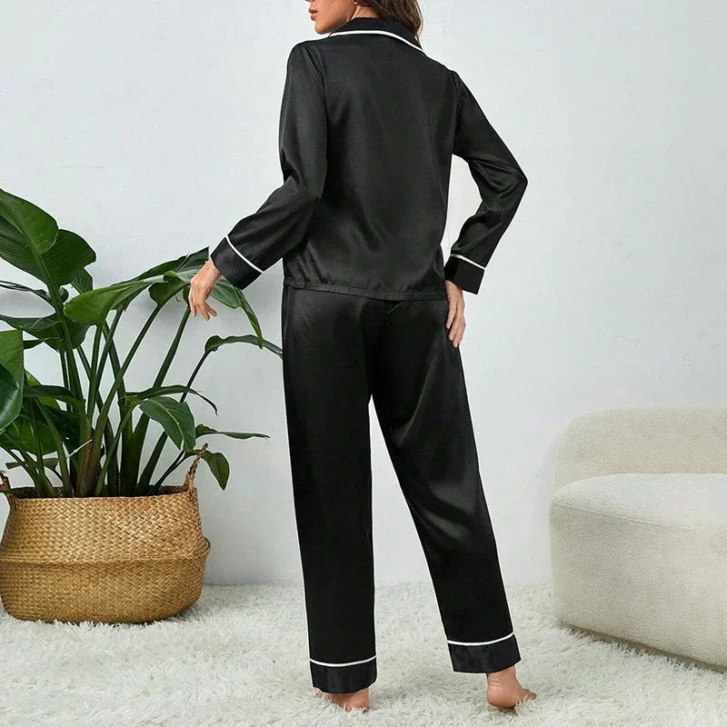 Spring Autumn Silk Pajamas Set for Women Casual Soft Nightwear Tops and Pants Solid Buttons Cardigan Sleepwear Homewear