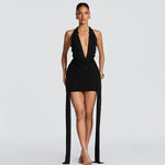 FDYOUI Elegant Halter Neck Water Drop Decoration Party Club Dress for Women 2026 Backless Bandage Folds Short Evening Dresses