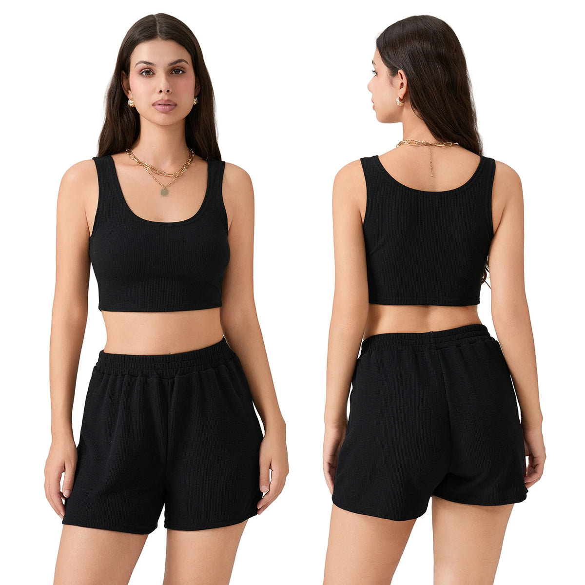 Women 2 Piece Sets Summer Fitness Short Sets Sleeveless Square Neck Crop Vest + Loose Shorts Casual Tracksuits
