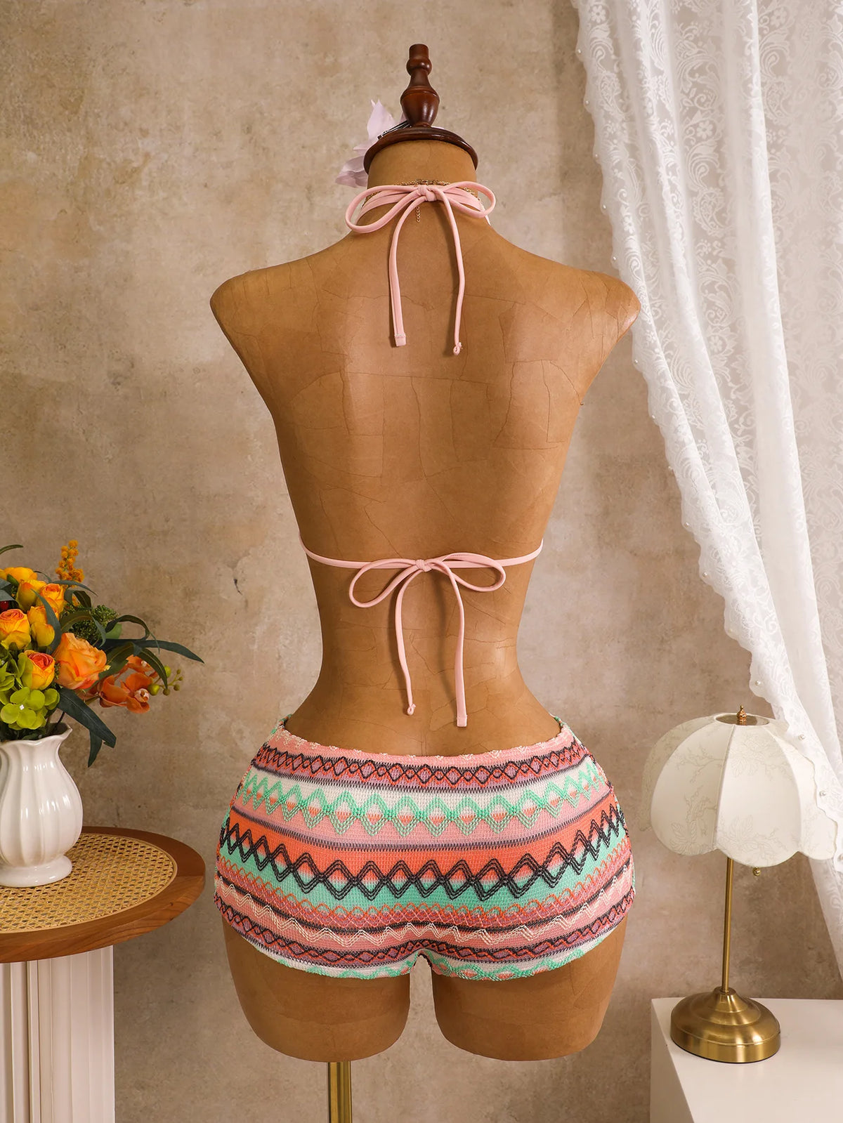 Sexy Hot Pink Knitted Striped Swimsuit 2026 Women Metal Circle Patchwork Hollow Backless Beach Bathing Suit One Piece Swimwear