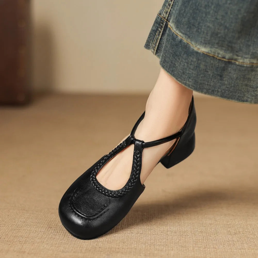 Women's T-Strap Shallow Flat Sandals Soft Leather Rome French Slip-on Single Shoes Retro Round Toe Shoes for Women Summer 32-43
