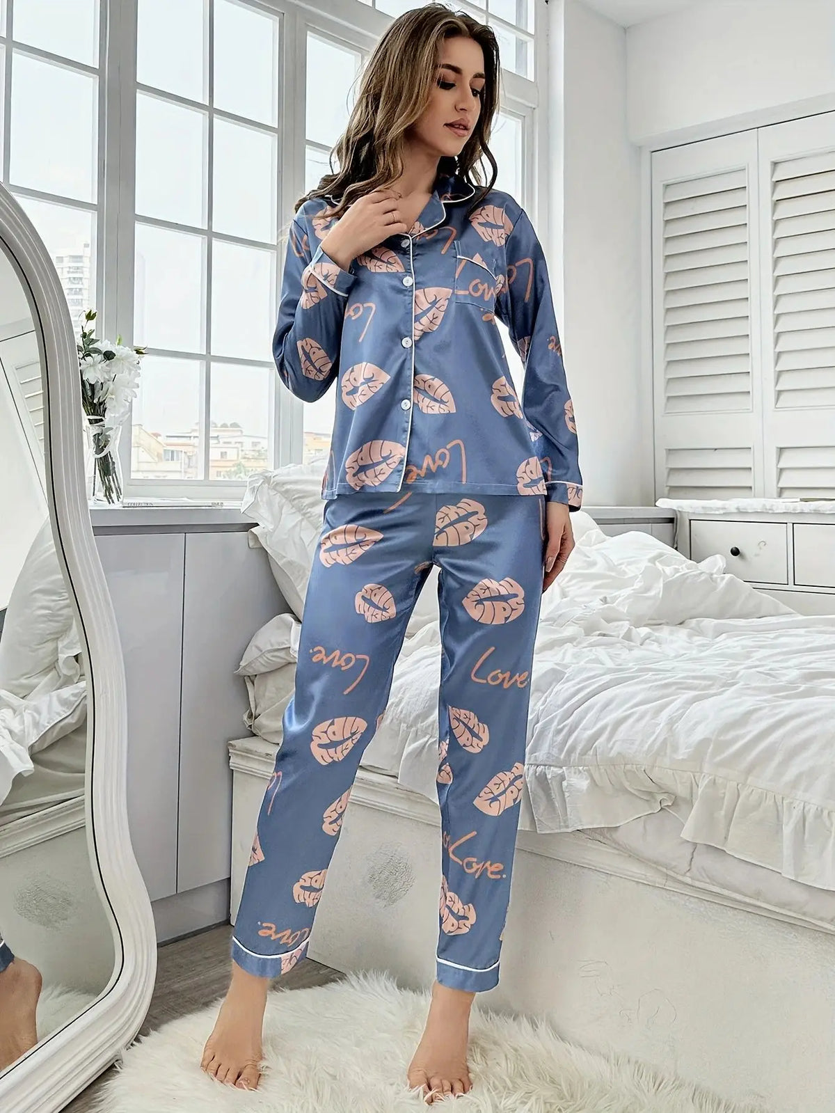 Home wear pajamas ice silk long sleeves trousers thin pajamas