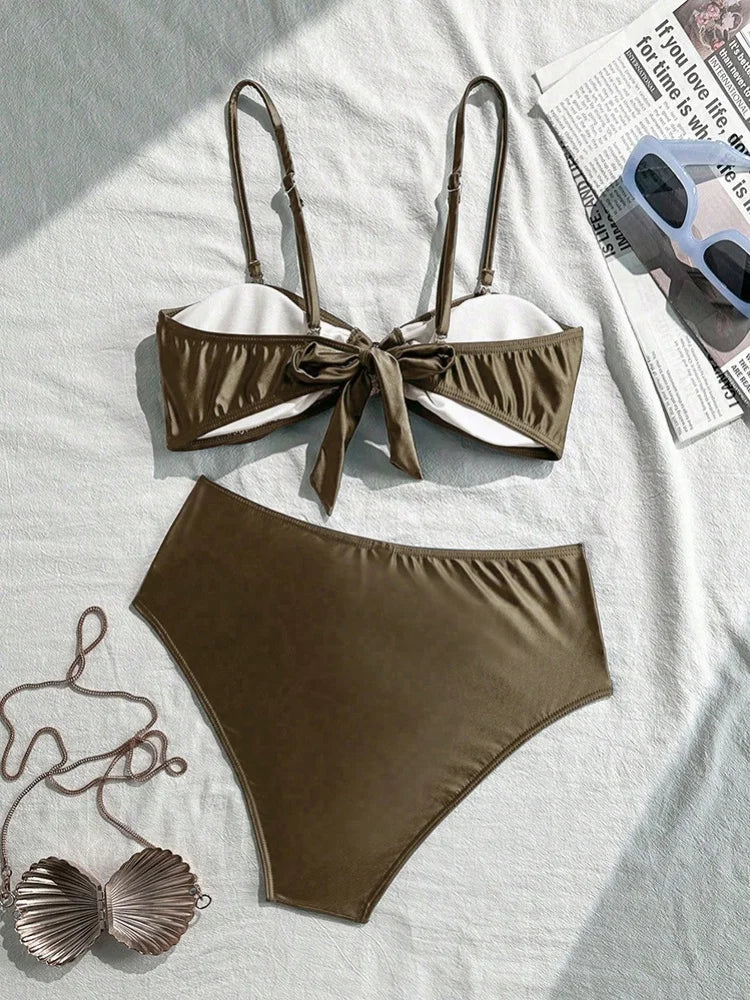 Sexy Metal Shell High Waist Bikini Set Women Black Coffee Pleate Push Up Two Piece Swimsuit 2026 Holiday Bathing Suit Swimwear