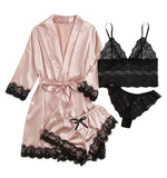 4pcs Women Striped Lingerie Set Lace Trim Robe Camisole Shorts Panties Nightwear Sleepwear Homewear Sexy Pajamas Outfit