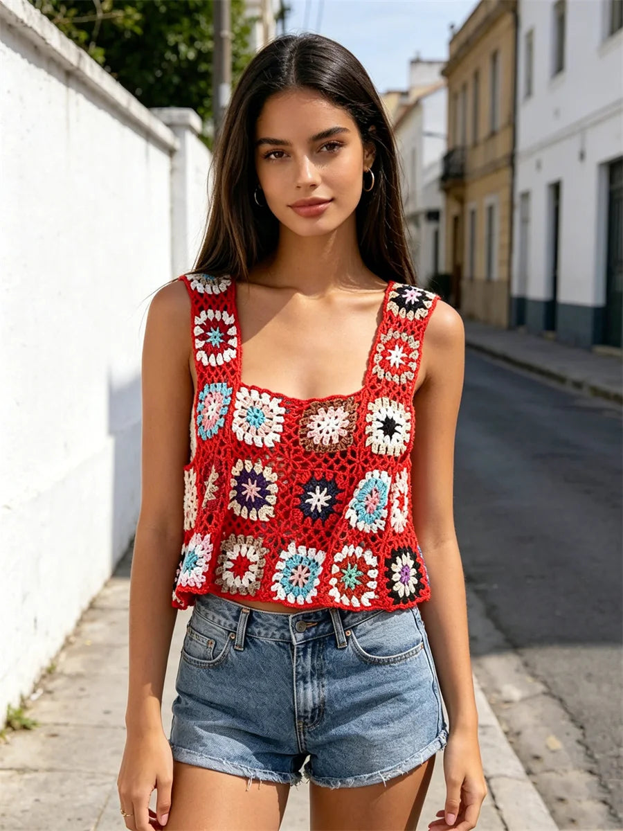 Summer Women Flower Crochet Vest Sleeveless Cover-ups Hollow Out Knit Crop Tops Bohemian Casual Daily Beach Tank Tops