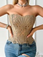 Women's floral print strapless shapewear, breathable mesh crop top with back tie, boning corset, tight-fitting bodysuit.