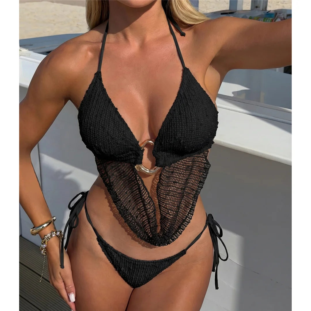 New Hollow Out Tankini Halter Bikini Female Swimsuit Women Swimwear Strappy Bather Bathing Suit Swim Two-pieces Bikini set K8076