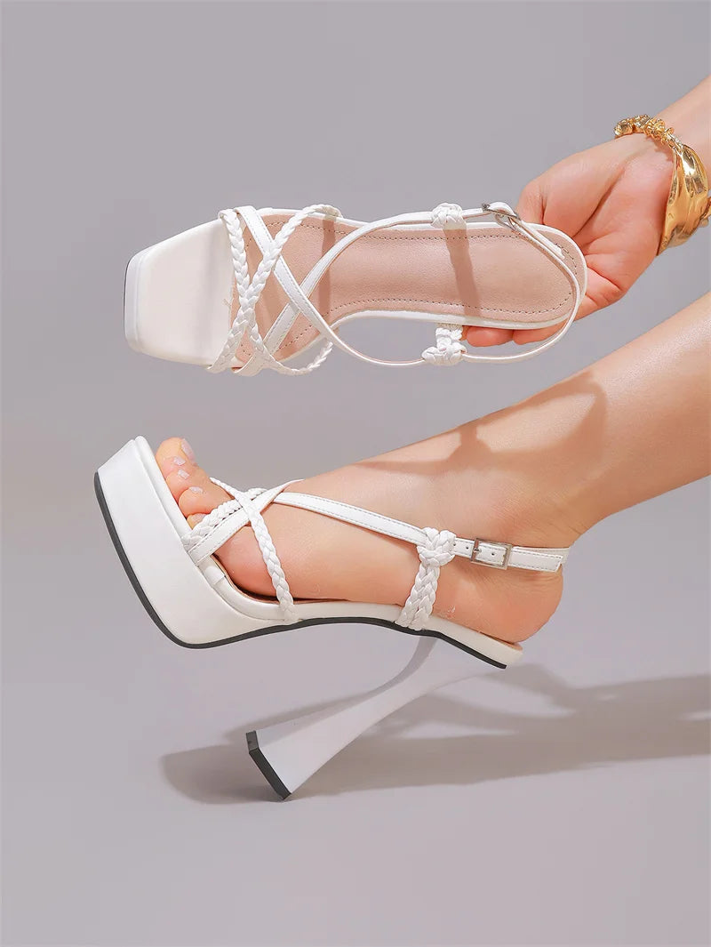 2027 New Arrival Weave Narrow Band Back Buckle Strap Women Platform Sandals Strange High HeelsParty Dress Shoes Size 42