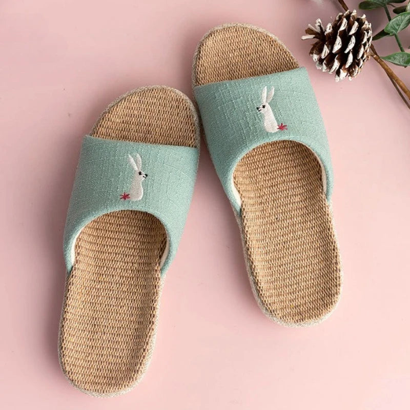 Breathable Cotton Flax Slippers For Women Men Indoor Shoes Anti-slip Light Weight Cute Cartoon Couples Home Floor Slides