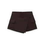 Women's Workwear Skirt-pants Dark Brown Wrap Design Cargo Skort With Pockets For Women High Waist Summer Shorts Elegant 56S3