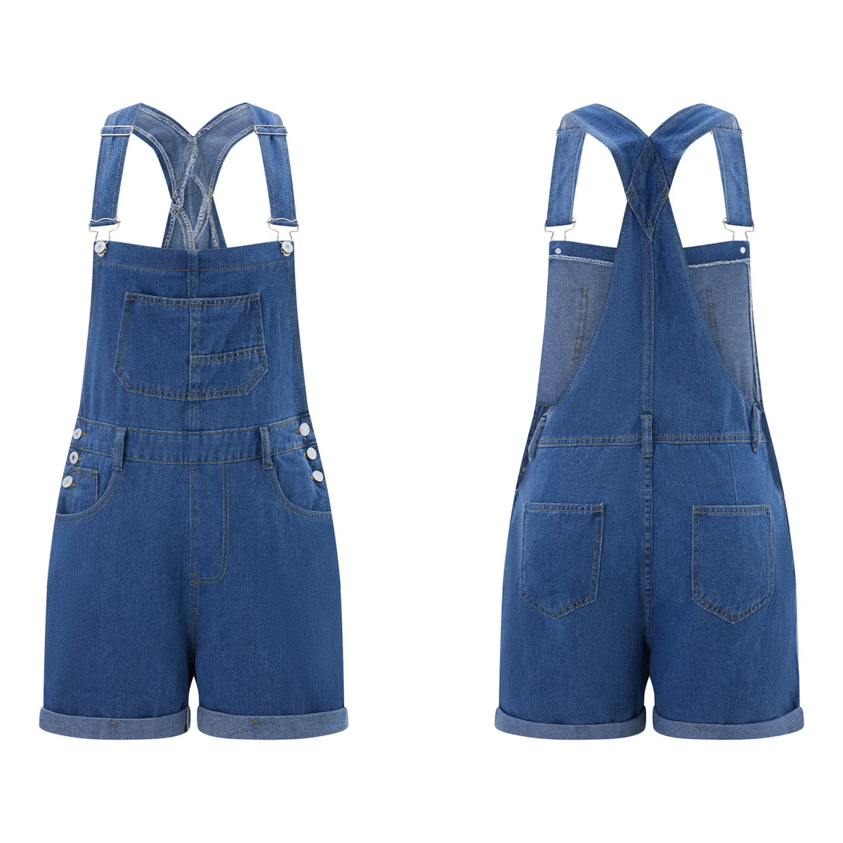 Women Denim Bib Overalls Adjustable Straps Shorts Romper with Pocket Casual Rolled Cuff Shortalls