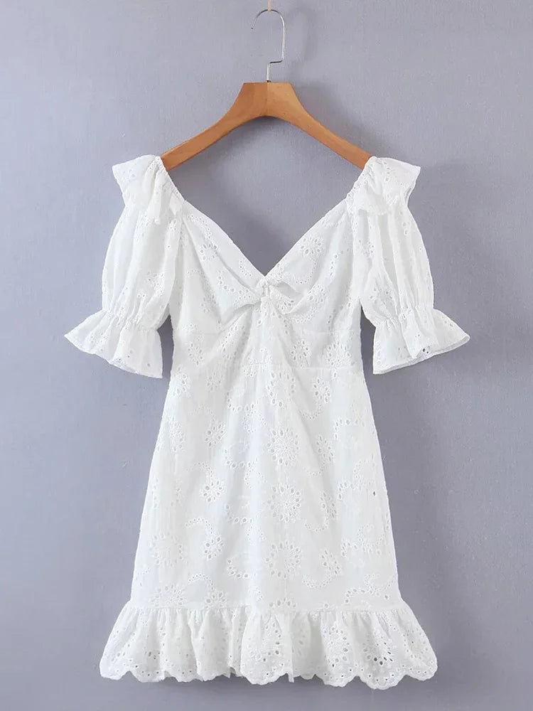 Foridol Ruffles Puff Sleeve White Lace Dress Flower Embriodery Hollow Out Cotton Beach Dress Women Backless Party Mini Dress