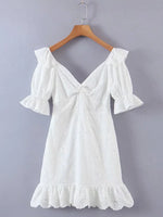 Foridol Ruffles Puff Sleeve White Lace Dress Flower Embriodery Hollow Out Cotton Beach Dress Women Backless Party Mini Dress