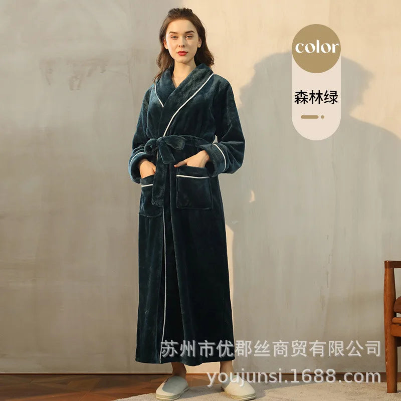 2026 Autumn Winter New Thick Coral Fleece Couple Bathrobe, Long Flannel Robe for Men Women Warm Home Pajamas Loungewear