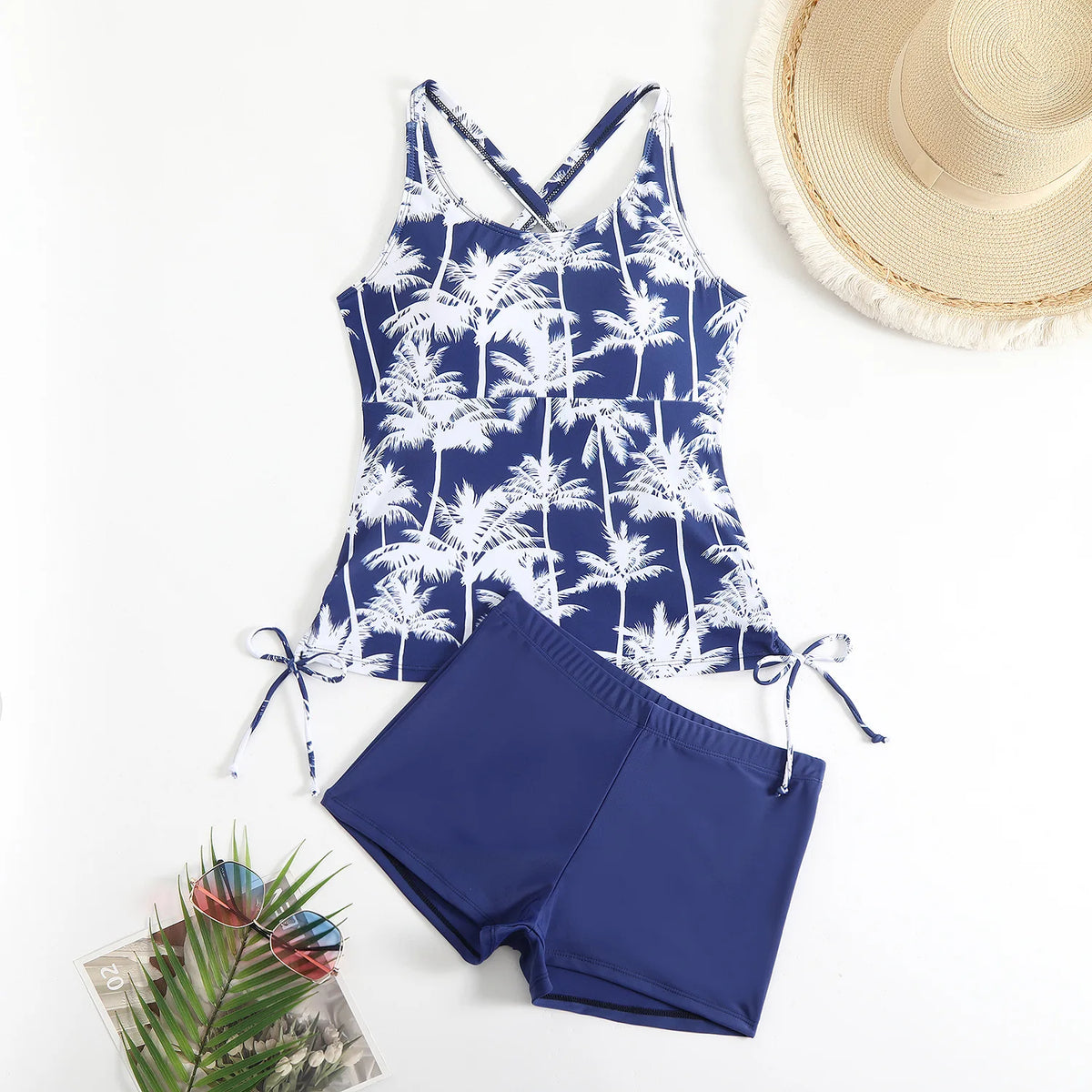 High Waist Swimwear Women 2025 New Two Pieces Swimsuit with Shorts Coconut Palm Print Tankini Set Summer Bathing Suit Trunks