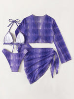 4PCS With Mesh Sheer Sarong Long Sleeve Bikini Female Swimsuit Women Swimwear Four-pieces Bikini Set Bathing Suit Swim Beachwear