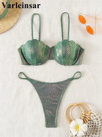 Scalloped Snake Skin Thong Bikini Female Swimsuit Women Swimwear Two-Pieces Bikini Set Bra Cup Bather Bathing Suit Swim V4650