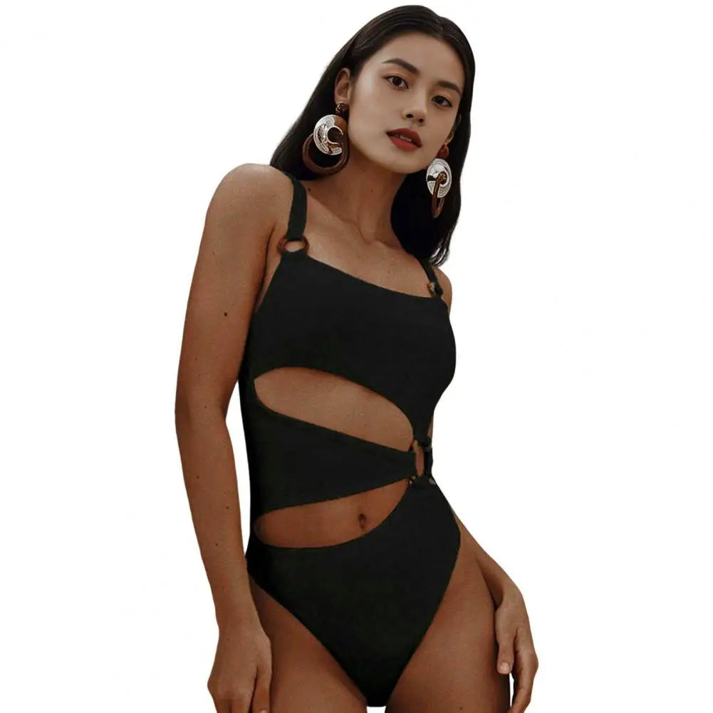 Women One-piece Swimsuit Pure Color Square Neck Women's Bikini With Padded Elegant Hollow Design Ladies Beach Vacation Swimwear