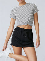 Women's Yoga Outfit Set Black Stripe Tennis Skirt Workout Clothes Short Sleeve O Neck Sports T Shirts Mini Skorts Fitness Sets