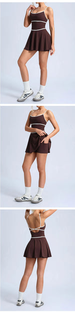 Summer Color Blocking Tennis Dresses Women Thin Shoulder Strap Slim Workout Golf Skirts Outwear Gym Running Pleate Dress