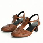 Big Size 32-50 Women's Vintage Cutout T-Strap Sandals Round Toe 6cm Kitten Heel Summer Casual Dance Shoes Black/Brown/White