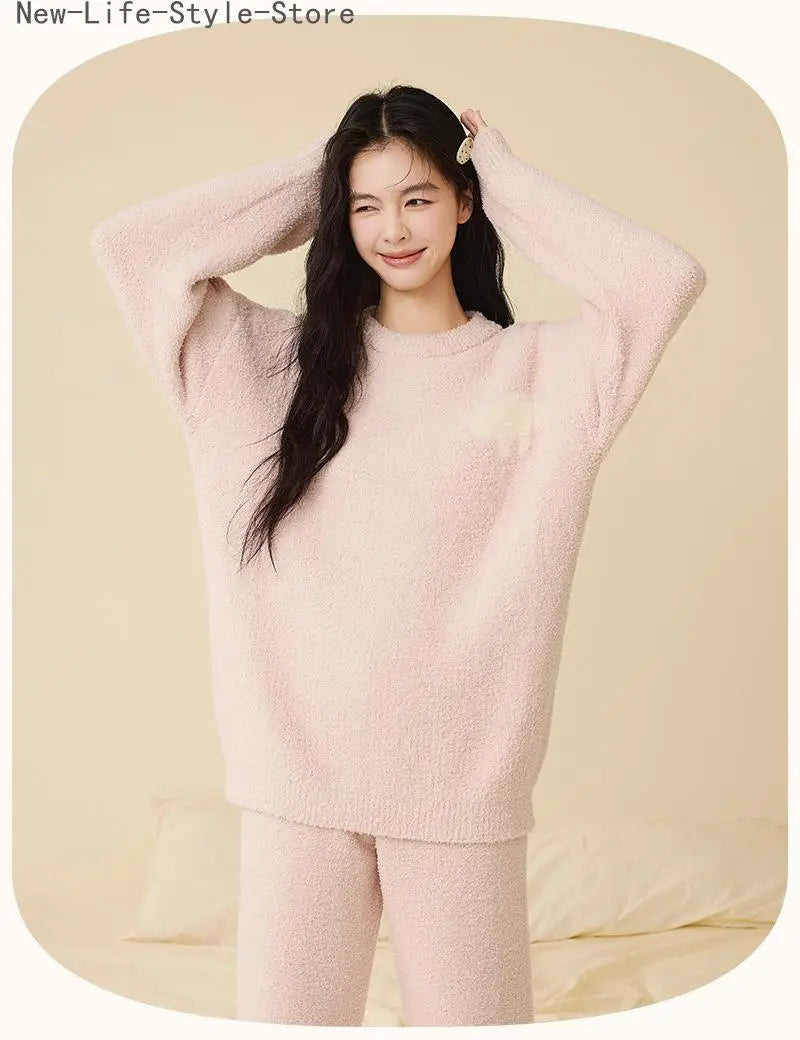 Women Autumn Winter Half Fleece Pajama Set Solid Round Neck Thick Warm Soft Casual Homewear Sleepwear Suit Wearable Outside