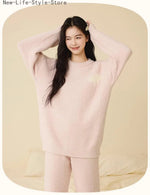 Women Autumn Winter Half Fleece Pajama Set Solid Round Neck Thick Warm Soft Casual Homewear Sleepwear Suit Wearable Outside