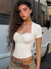 FDYOUI Women's Fashion Lace Patchwork T-shirt Streetwear Ladies Sexy Short Sleeve Bandage Tops Tees Y2K Slim Corset T Shirts