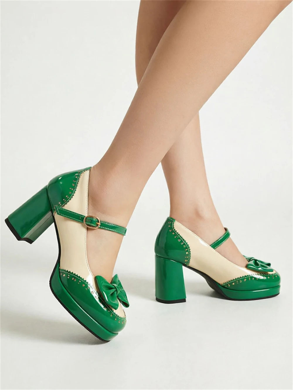 Plus Size 32-48 Sweet Lolita Patent Leather Mary Jane Shoes Women Gothic Square Toe Bow Tie Platform Chunky Heels Brogue Pumps