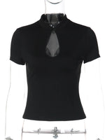 FDYOUI Fashion Stand Collar Button Hollow Out T-shirt for Women 2026 Sexy Short Sleeve Slim Cropped T Shirts Black Wine Red Tops