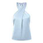 Women Fashion Sleeveless Halter Neck Tank Tops Summer Solid Color Backless Satin Casual Vests Streetwear