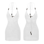 Women Backless Halter Mini Dress Casual Summer Knit Crochet Cutout Bodycon Party Dress for Beach Club Streetwear