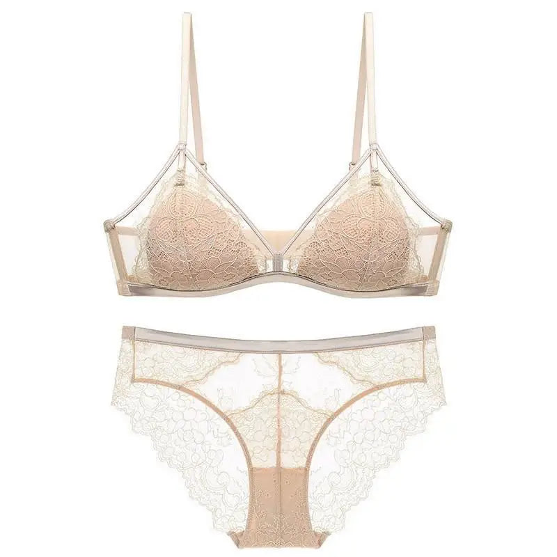 Sexy Lace Mesh Wireless Bra SetBra Soft Triangle Cup Bralette Panties Set Thin Lined Transparent Set Underwear Women Lingerie
