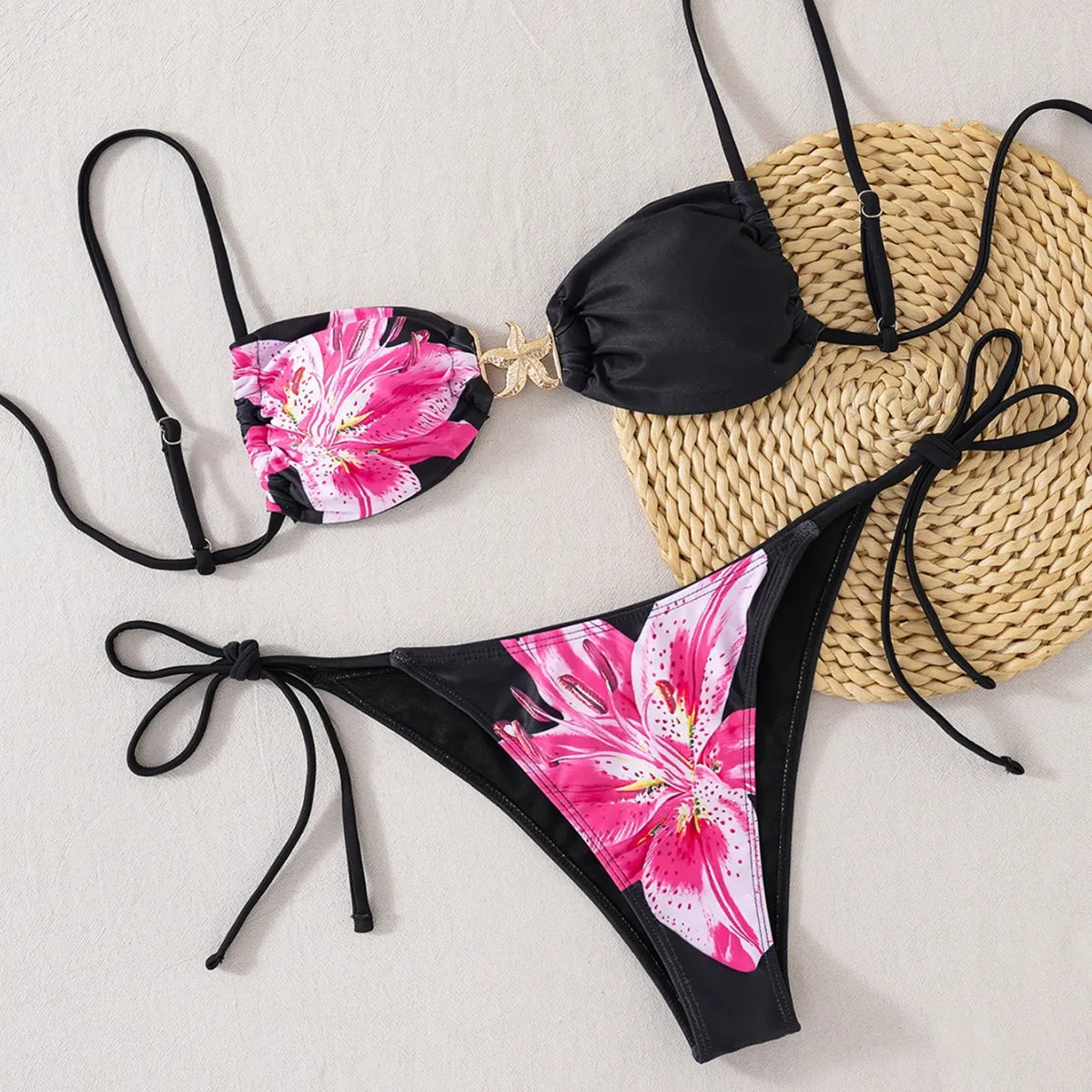 New Sexy Women's Bikini Set - Adjustable Tie Side Bandage Triangle Top & Low Rise Bottom with Starfish Metal Drawstring Summer