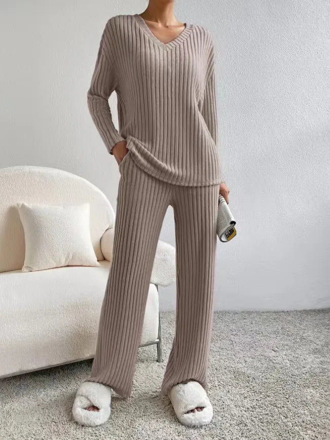 Autumn Winter Ribbed Knit Two Piece Set Womens V Neck Long Sleeve Top Wide Leg Pants Loungewear Casual Solid Color Outfit