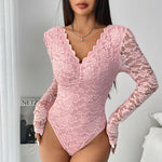 Sexy White Lace Bodysuit Women Solid Color Long Sleeve Sheer Corset Top Autumn Ruffles V Neck See Thourgh Slim Fit Jumpsuit