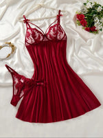 Deep V netted embroidered nightgown and thong set - burgundy lace halter top seductive and alluring women's home wear ZA824066