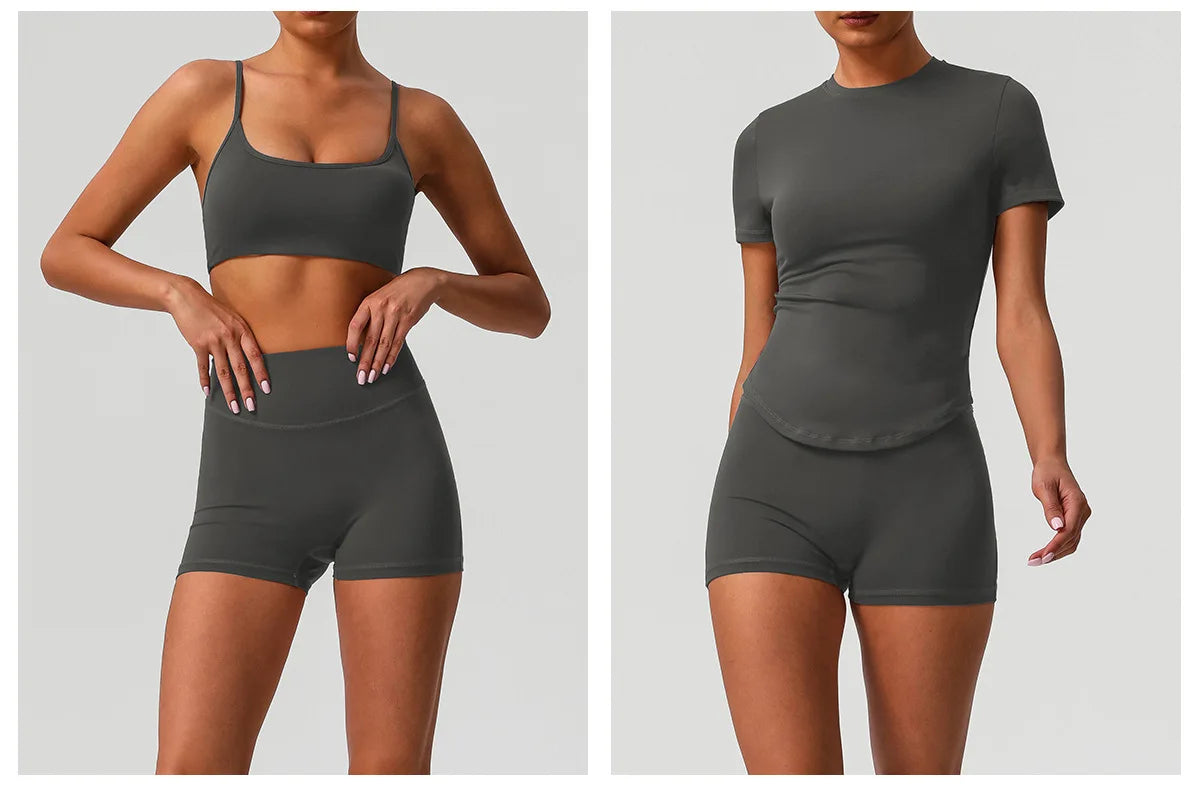 2 Pieces Sportswear Women Yoga Shorts Set Short Sleeve Sports T Shirts High Waist Hip Lifting Running Leggings Fitness Outfits