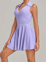 Summer Women Solid Tennis Dresses Sleeveless Turn Down Collar Pleated Skirts with Detachable Pocket Shorts Slim Yoga Golf Dress