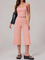 Hanging Neck Camisole Yoga Sets Women Nude Hollow Back Cross Slim Sports Tank Top High Waist Wide Leg Capri Pants Fitness Suits