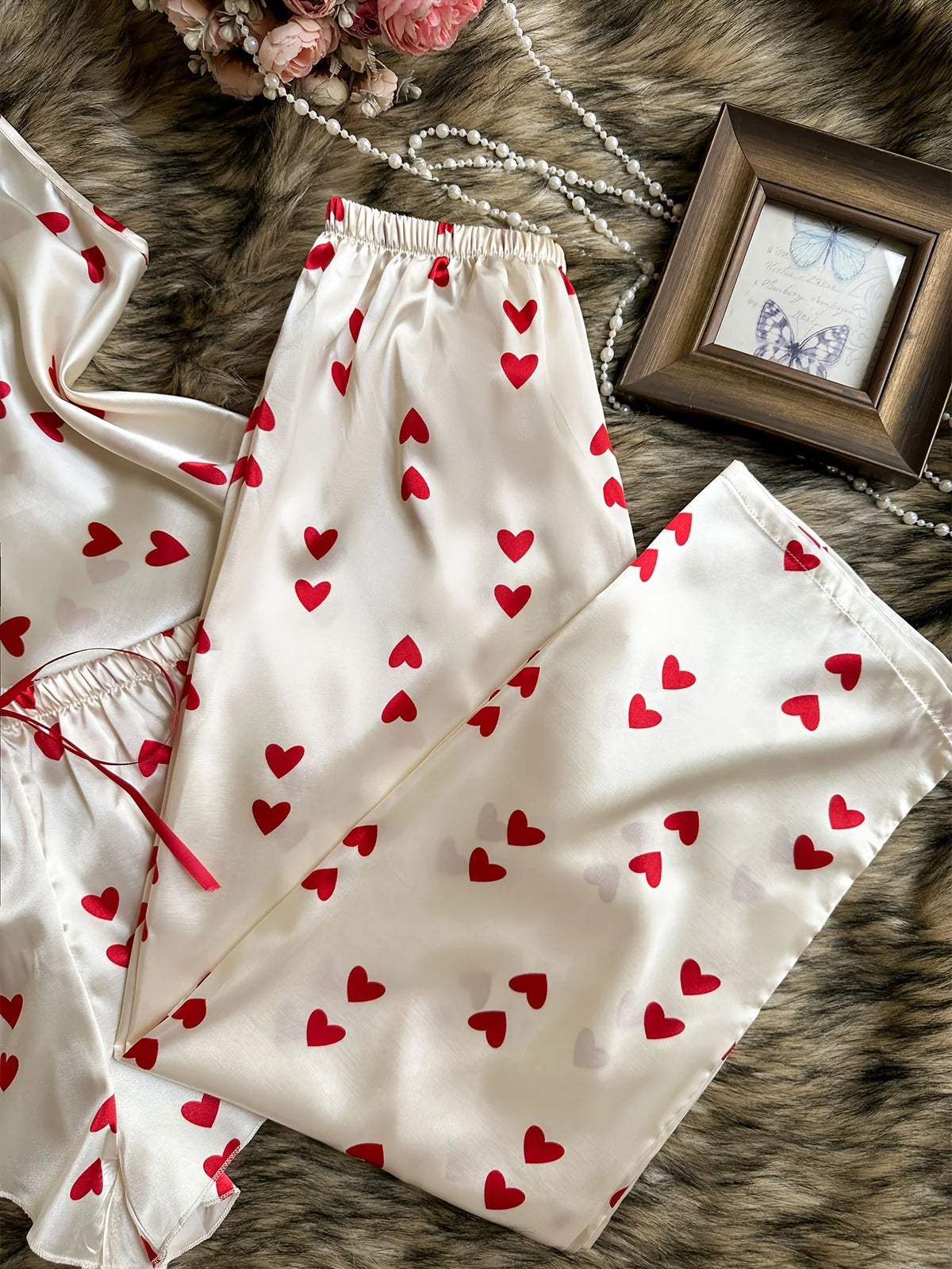 3 Pcs Women Satin Pajama Set Heart Print Round Neck Top with Pants and Shorts Sleepwear Suit Elegant Ladies Homewear
