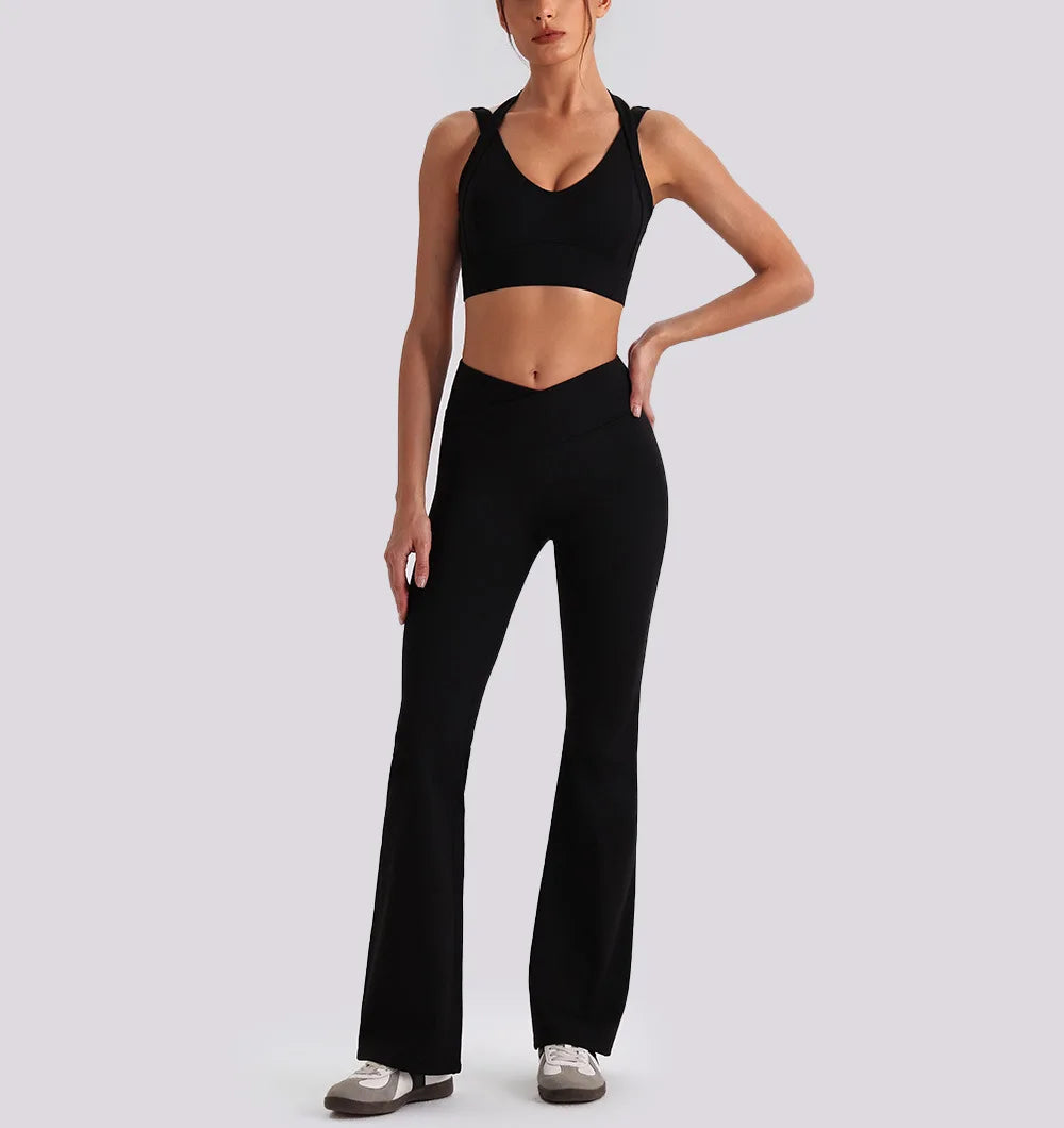 Women's Yoga Exercise Sets Women Backless Sports Tank Top V Shape High Waist Wide Leg Pants Fitness Gym Running Workout Clothes