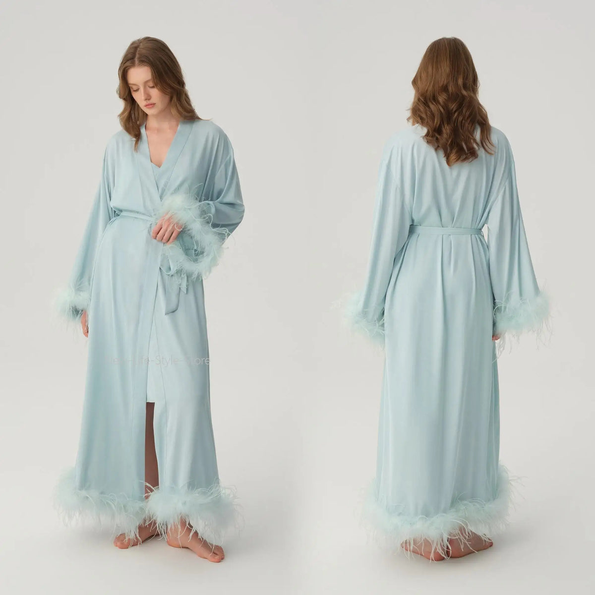 Satin Feather Trim Bridal Morning Gown for Women Long Sleeve Belted Maxi Robe Elegant Soft Home Bathrobe Sleepwear Loungewear