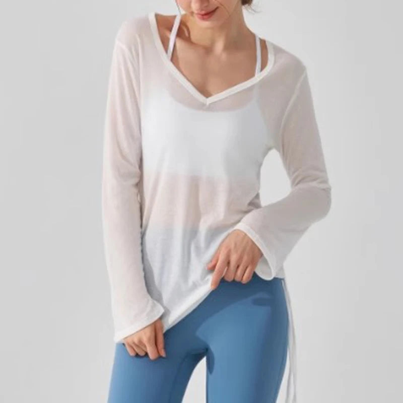 Women's Yoga Sports T-Shirt Drawstring Light Thin Loose Fit Irregular Hem Long Sleeve Fitness Cover Shirt