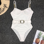 2026 High Quality Sexy One Piece Swimsuit Swimwear Women Push Up Pit Striped Metal Chain Straps Bathing Suit Beachwear with Belt
