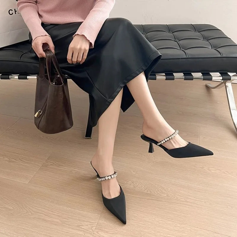 Rhinestone Heels Slingback High Heels Women Black Pumps 2026 Woman's Elegant Modern Heeled Sandals Pointed Party Stilettos