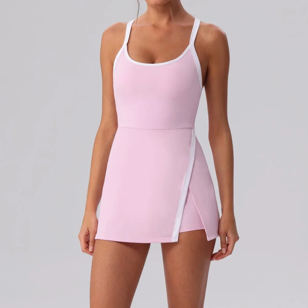 Color Contrast Tennis Dresses Women Beautiful Back Hollow Back Cross Split Skirt Pocket Sports Fitness One-piece Yoga Golf Suit