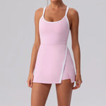 Color Contrast Tennis Dresses Women Beautiful Back Hollow Back Cross Split Skirt Pocket Sports Fitness One-piece Yoga Golf Suit