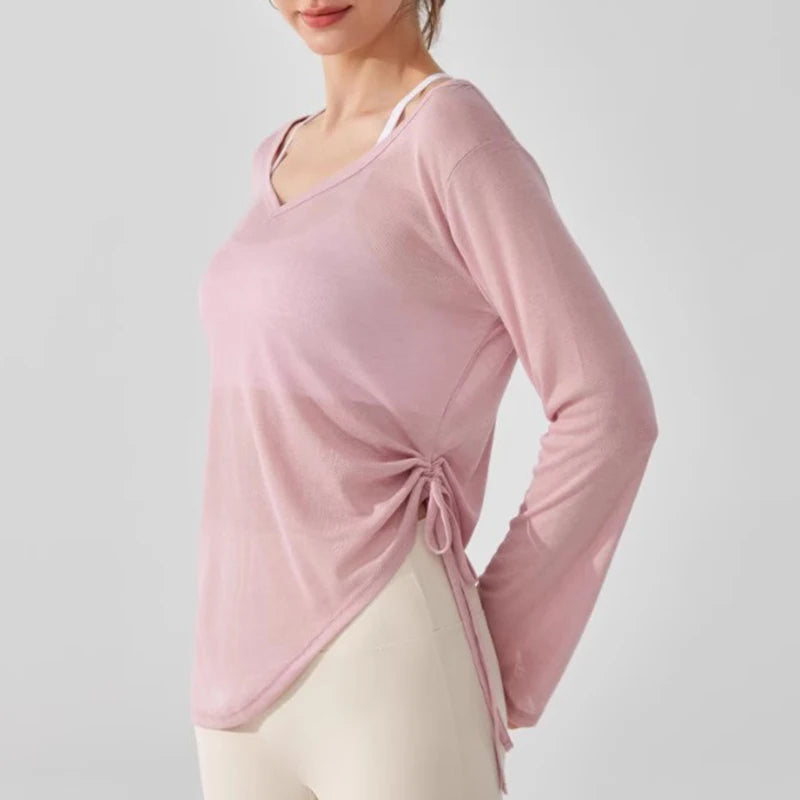 Women's Yoga Sports T-Shirt Drawstring Light Thin Loose Fit Irregular Hem Long Sleeve Fitness Cover Shirt